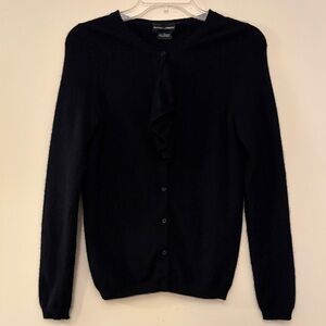 Sutton Cashmere Black Button Down Classic Cardigan with Front Ruffle, size small